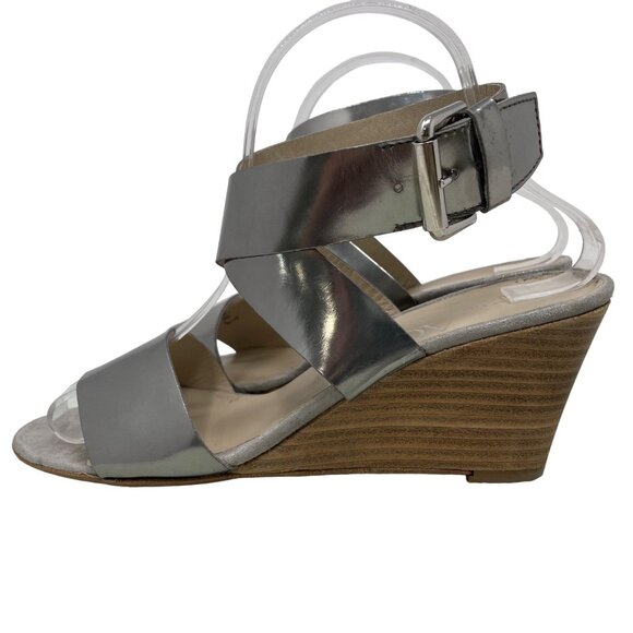 AGL Sandals Size 38 Vero Cuoio Wedge Ankle Cuff Silver Metallic Leather Boho - Picture 2 of 8